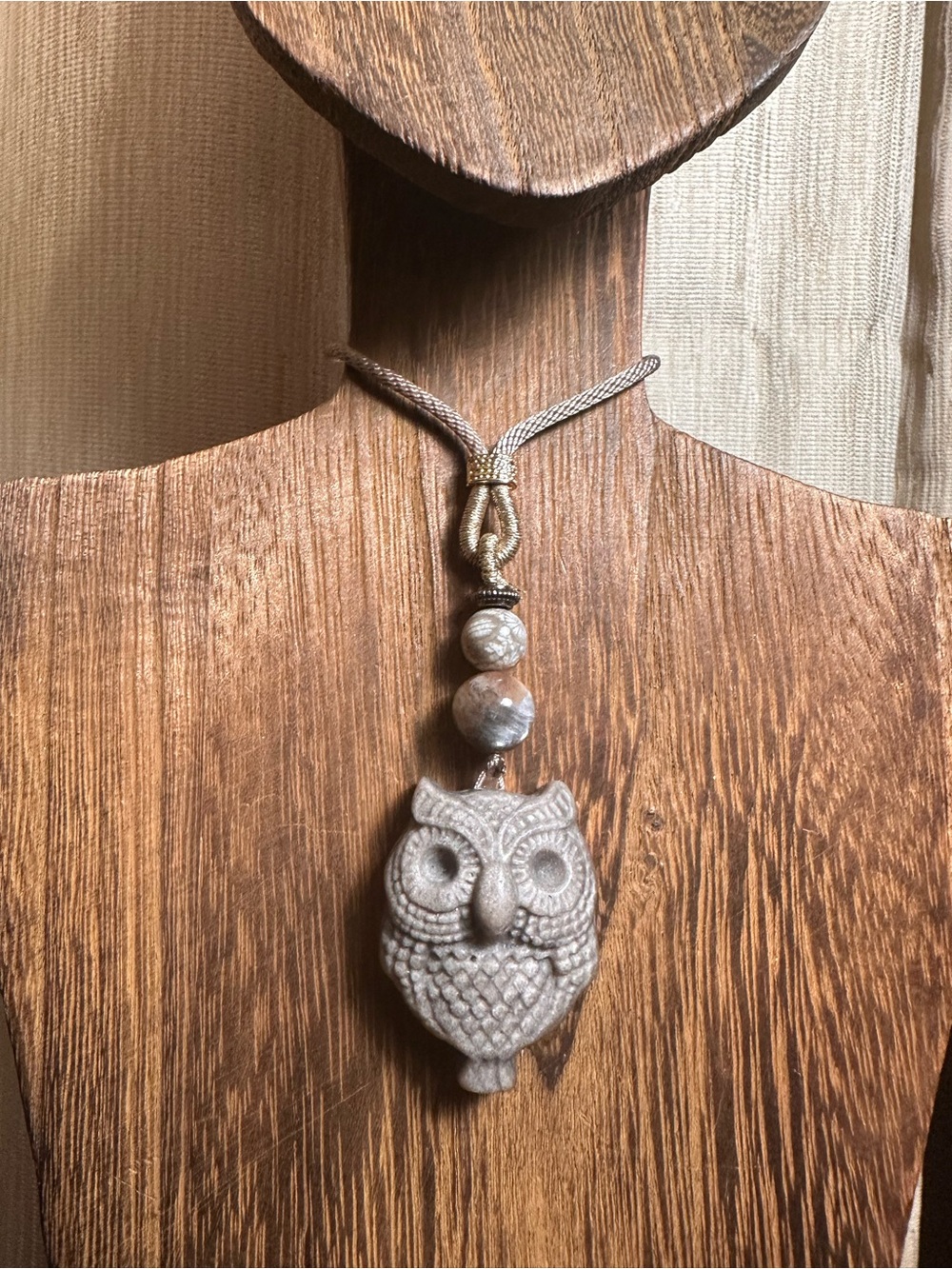 Alashan Agate Owl Pendant Necklace with Sunstone and Coral Fossil on Rope - Picture 11 of 12